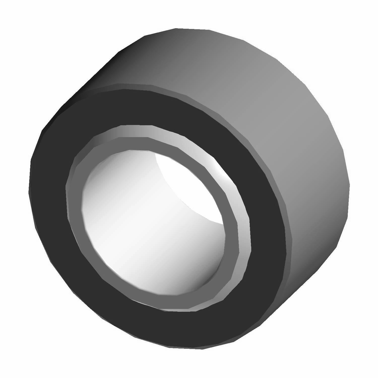 Gray spherical bearing with smooth outer surface and white inner ring opening.