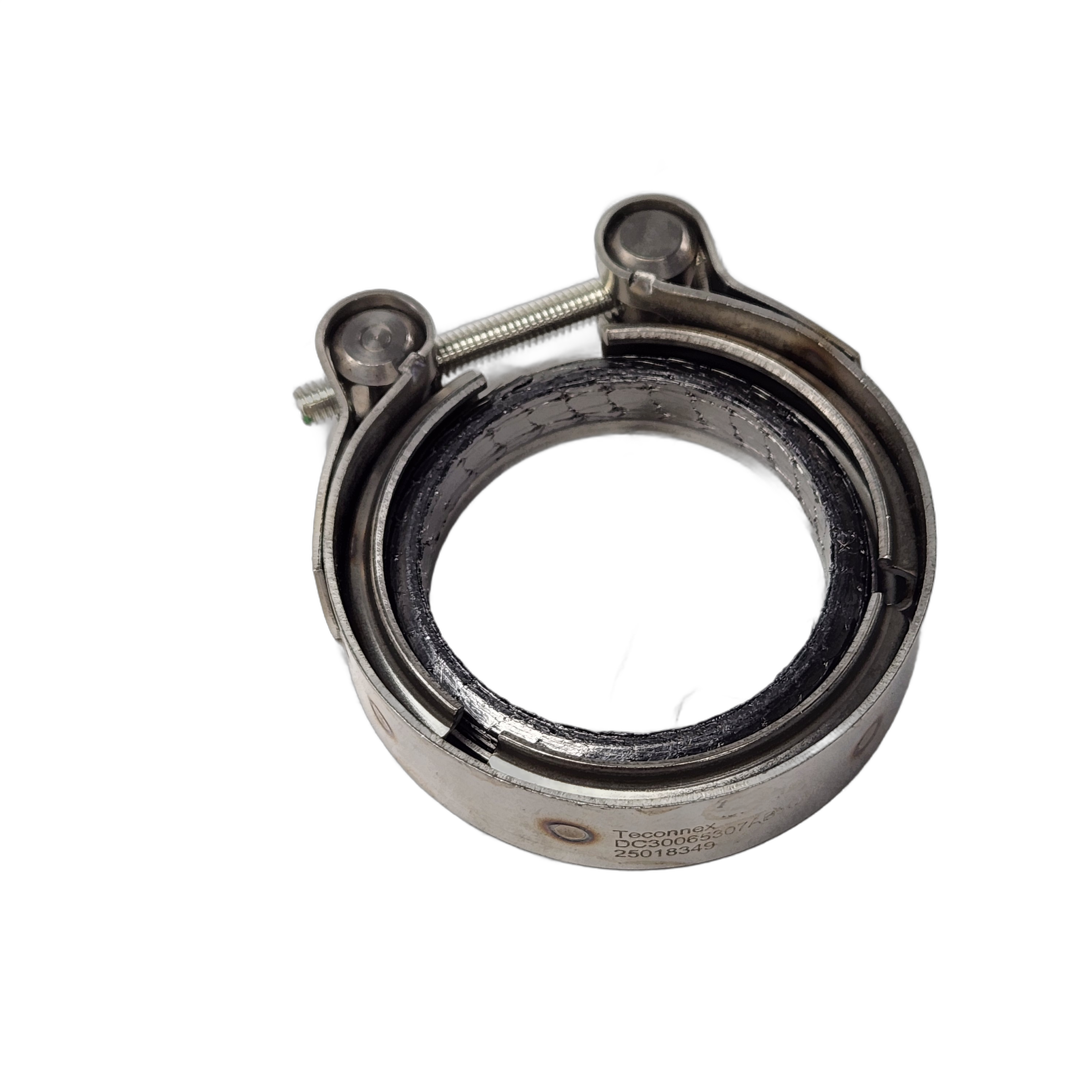 The V Band Clamp 2In by Polaris, featuring a black rubber gasket and two tightening screws, is displayed on a white background.