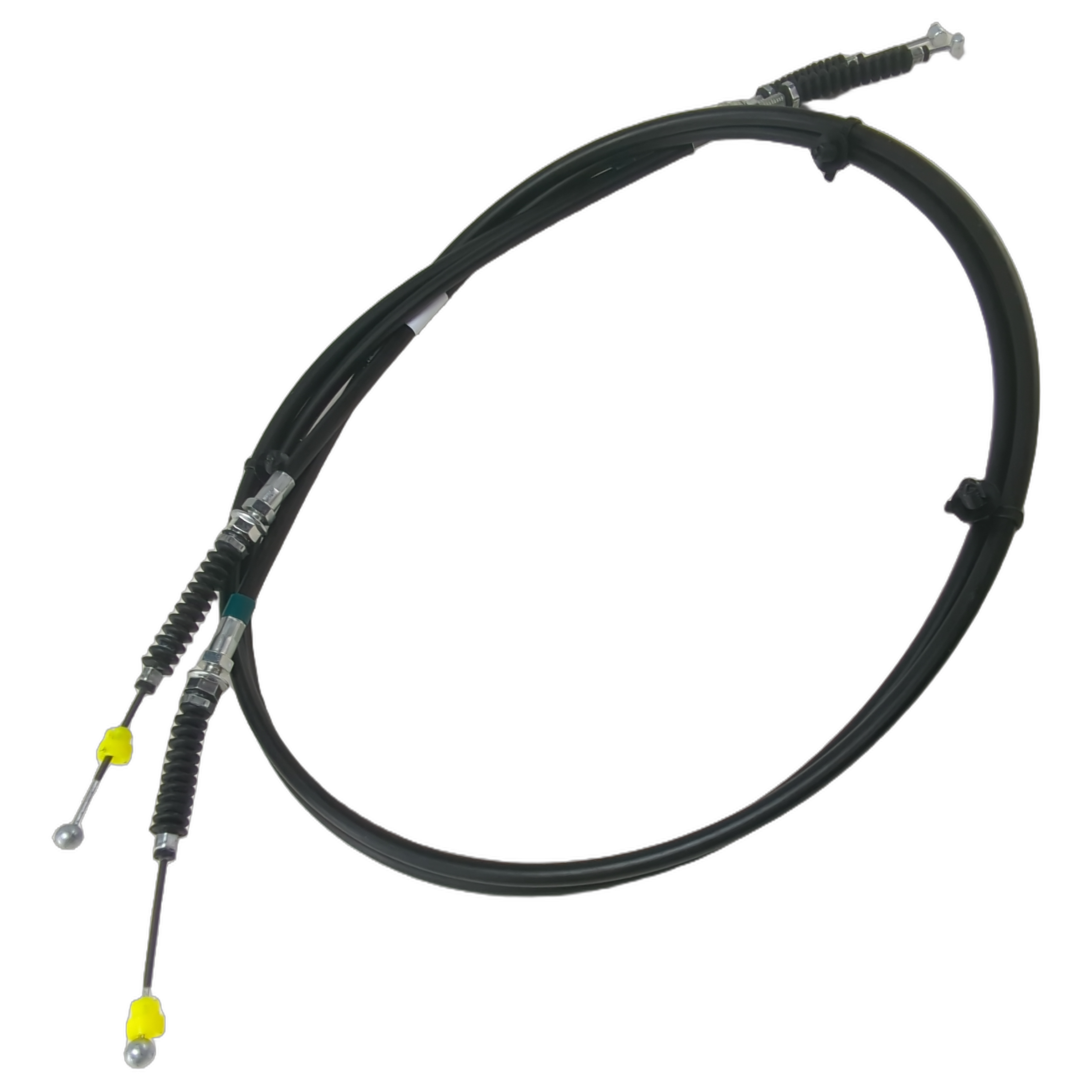Black flexible shift cable with metal end fittings and yellow protective caps for Polaris vehicles.