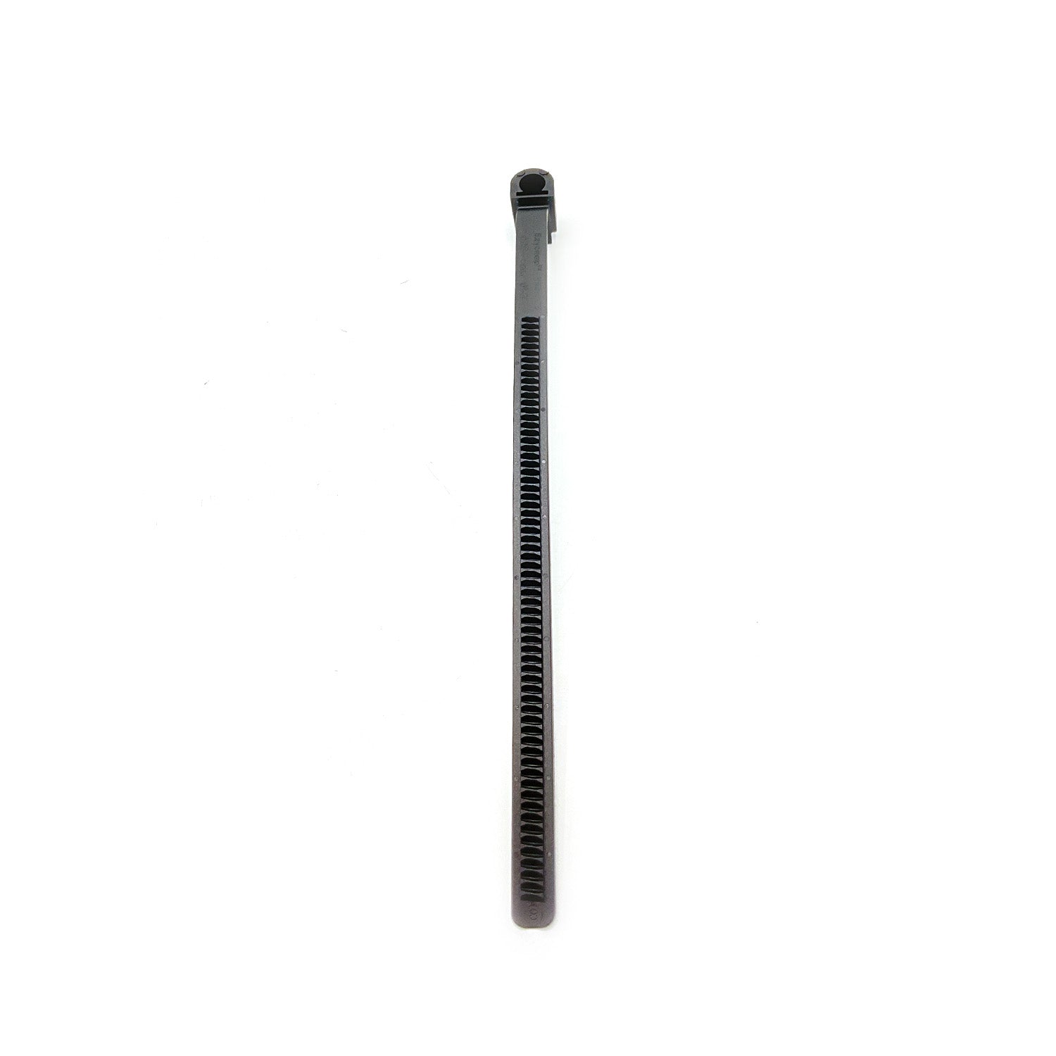 Black plastic hose clamp with serrated strap and locking head, 25-77 mm diameter range.