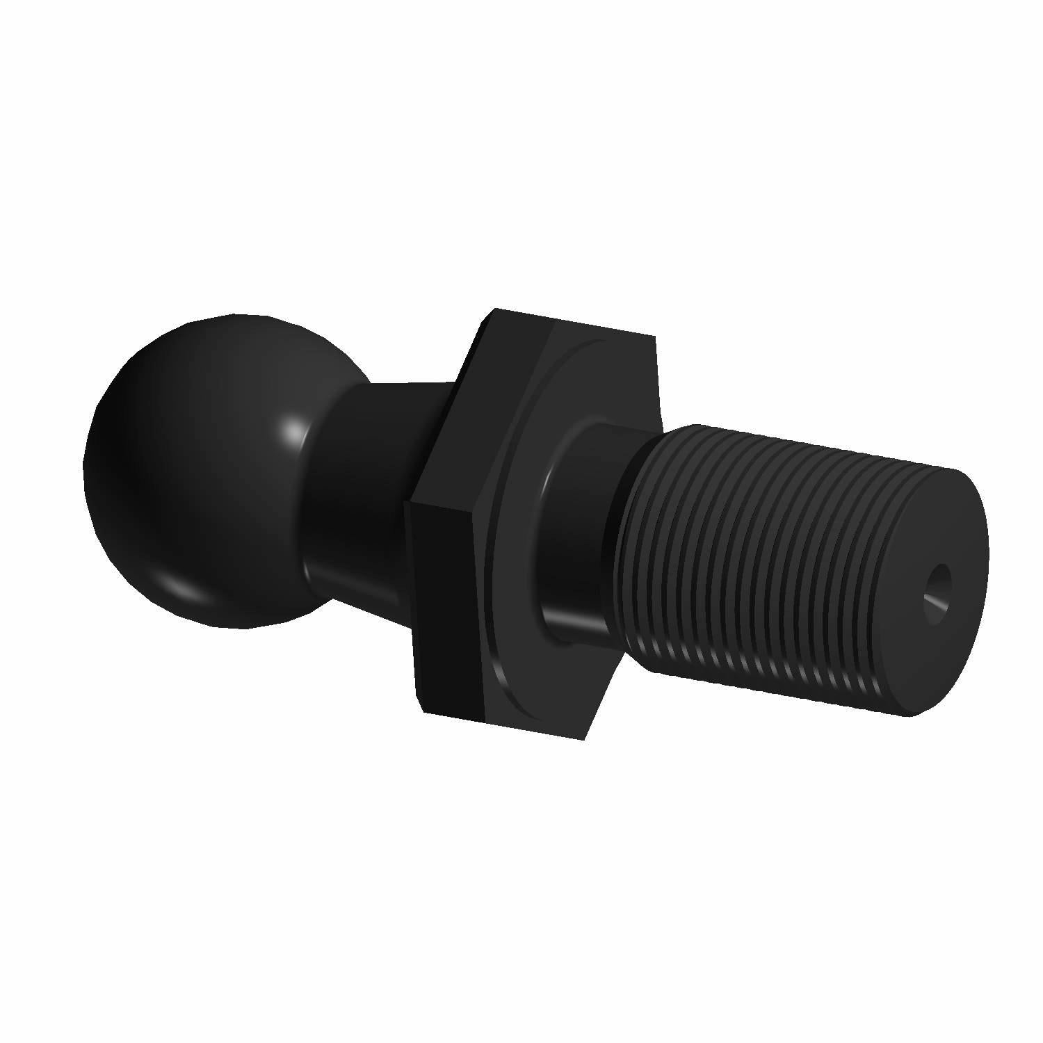 Black metal ball end with threaded bolt and hexagonal nut base.