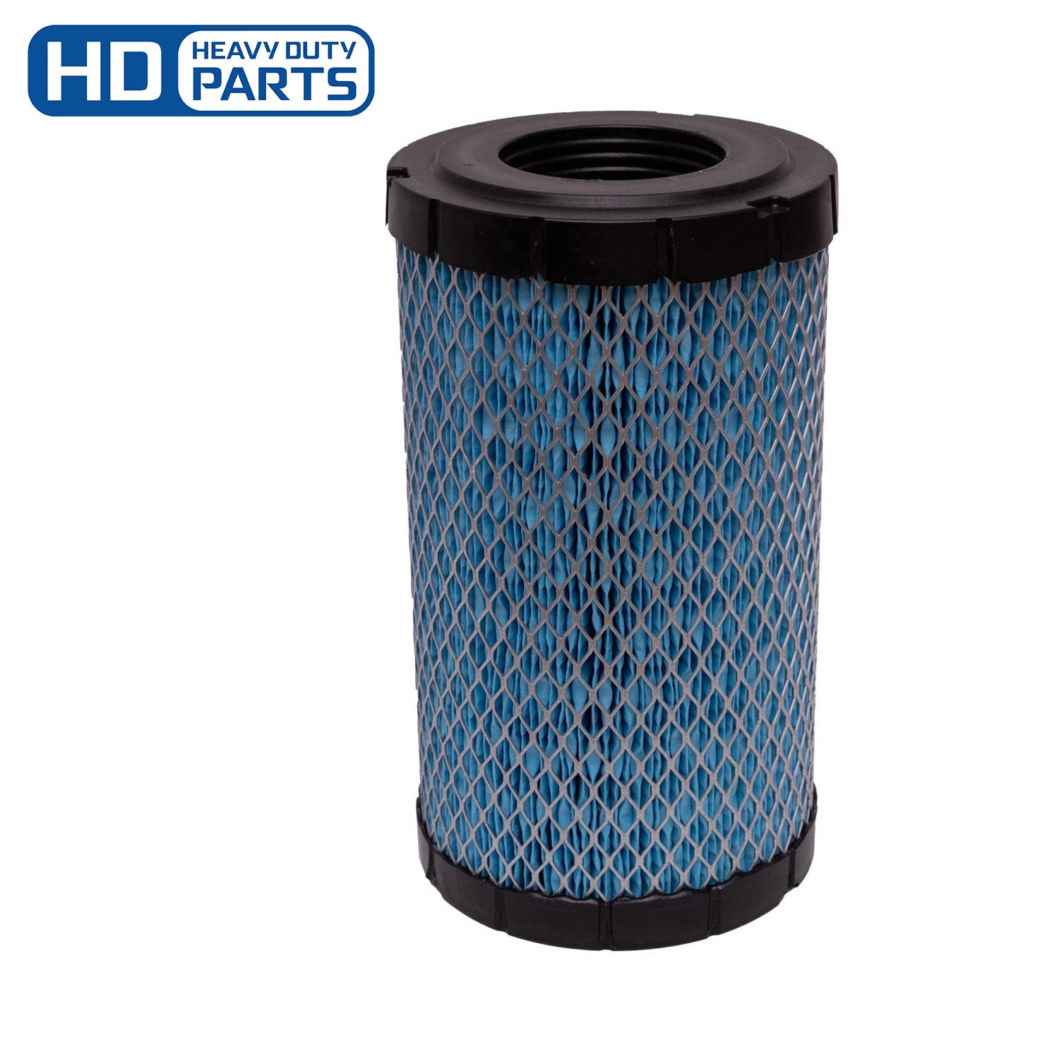 Cylindrical blue air intake filter with black plastic end caps and diamond-pattern mesh.