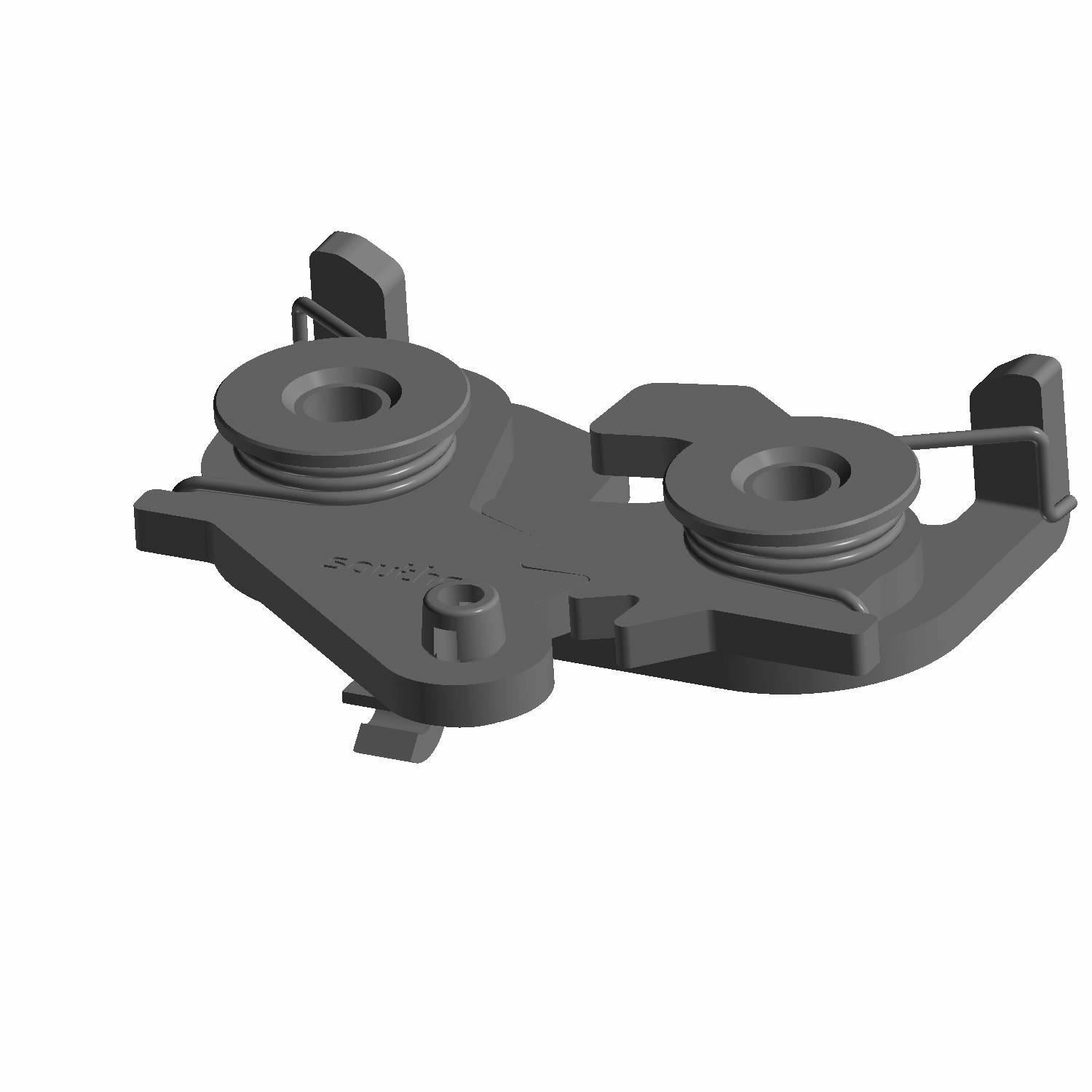 Black plastic latch component with two circular mounting points and integrated clips for offroad vehicle use.