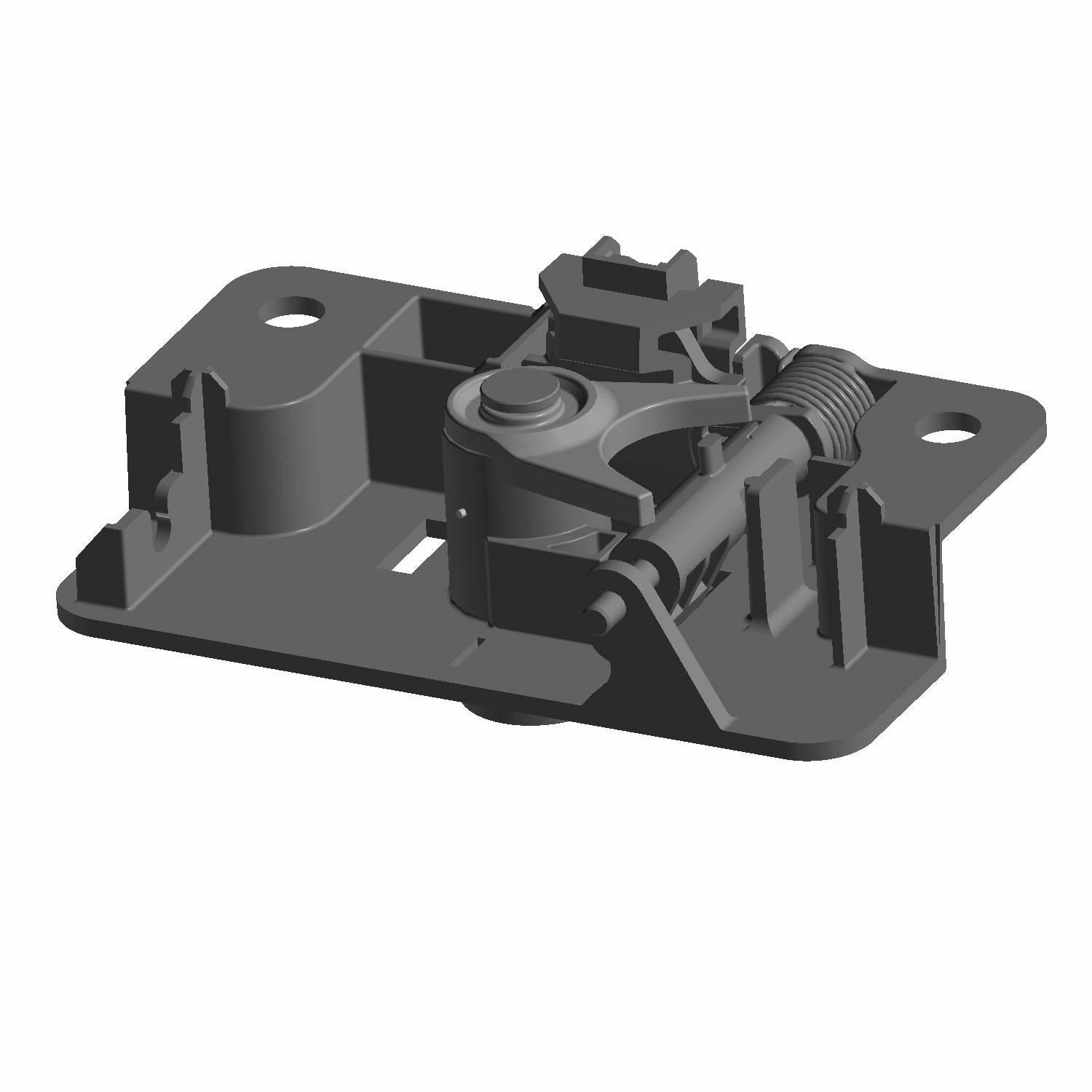 Black plastic and metal Polaris door actuator latch with mounting holes and mechanical components.