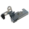 Silver metal rotary latch with mounting holes and black rubber stopper, right side design.