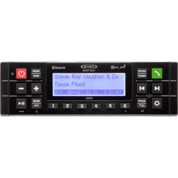 Black rectangular Bluetooth stereo with blue backlit digital display and multiple control buttons.