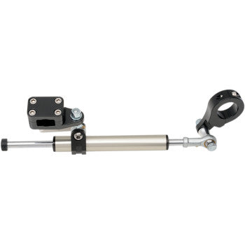 The Steering Stabilizer Black 11 Way Rebuildable by Moose Offroad features a silver billet aluminum cylindrical body, black mounting brackets, and adjustable rod ends for rebuildable performance.