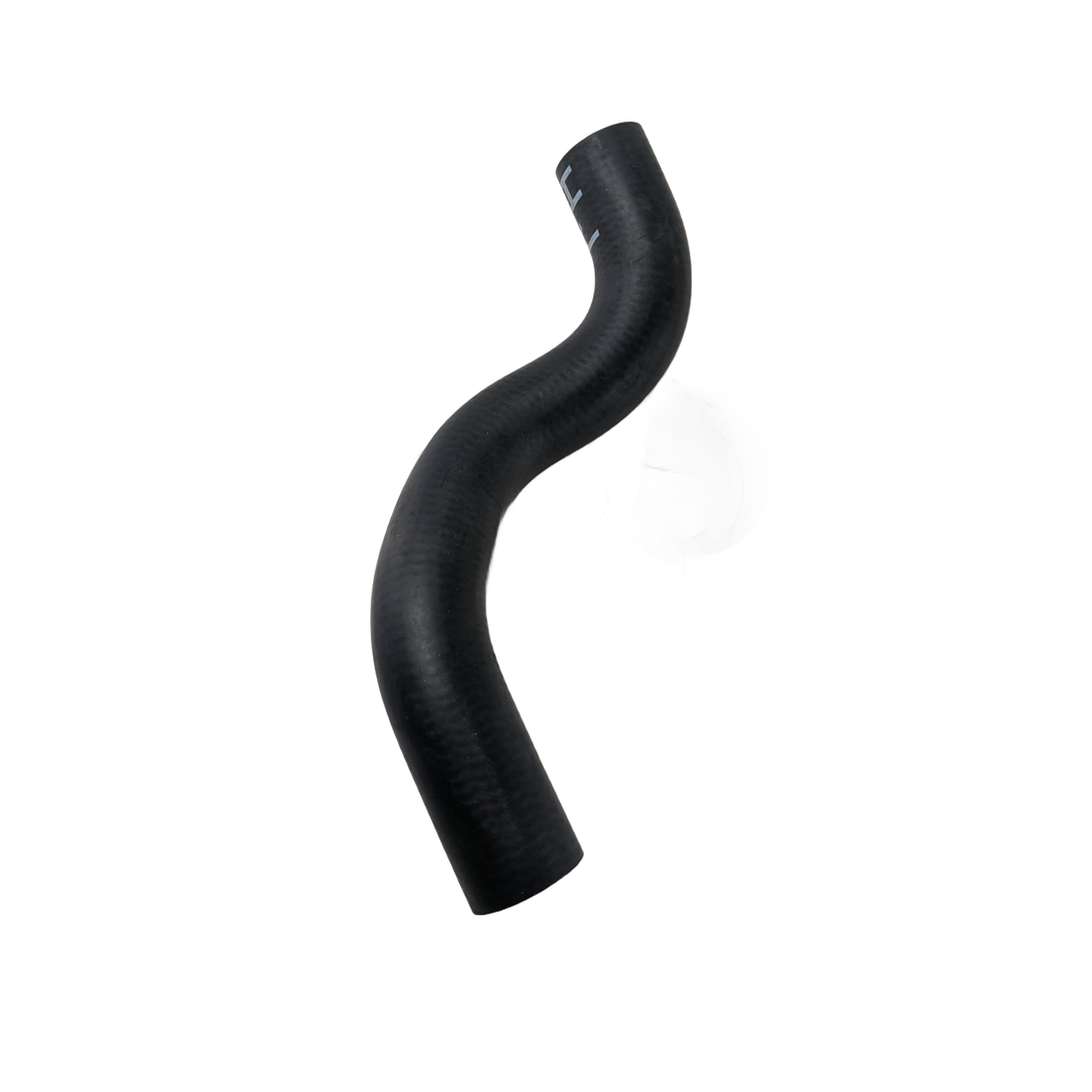 Black curved rubber radiator hose with textured surface and molded bends.