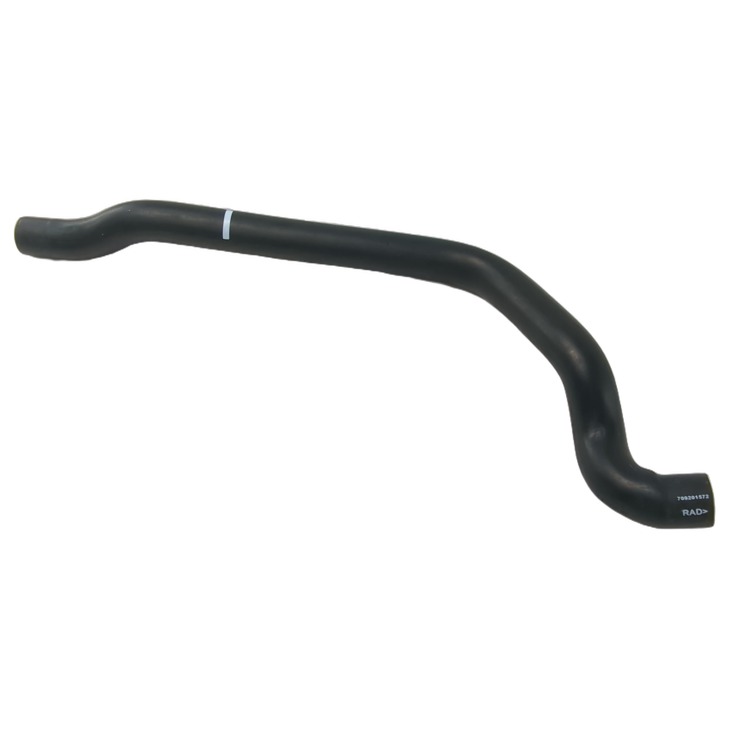 Black rubber radiator hose with smooth surface and slight bends on each end.
