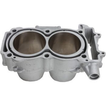 The Polaris Cylinder 93.00 mm by Cylinder Works is a metal bolt-on engine block with two large cylindrical bores, machined surfaces, bolt holes, an external threaded port, and is designed to meet OEM cylinder standards.