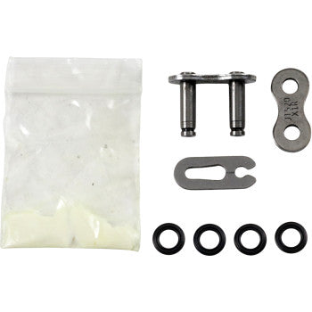 The 520 X1R Replacement Master Link Clip by JT Chains is a repair kit for motorcycle chains, including a metal link, clip, four O-rings, lubricant packet, and connector plate—arranged on a white background.