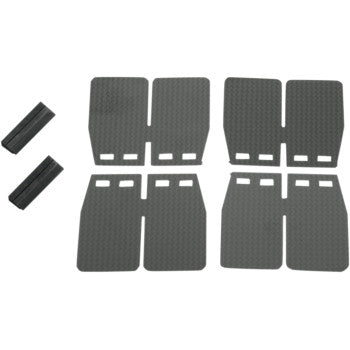 Eight rectangular, carbon fiber-style Yamaha Replacement V Force 4 Reed Petals with rounded corners and four slots are arranged in two rows. Two matching black cylindrical replacement reeds lie to the left.