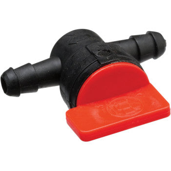 The Polaris Fuel Valve On / Off by Quad Logic is a compact plastic inline shut-off valve with black hose connectors and a flat red lever, perfect as an OEM replacement for precise flow control.