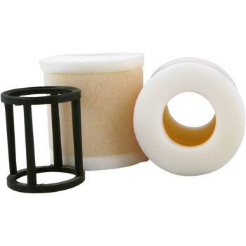 The Can Am Foam Air Filter with Cage by No Toil—featuring a black plastic cage, beige foam filter, and white foam filter—is displayed on a white background, highlighting its key air filtration components.
