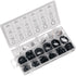 The Snap Ring Assortment 300 Piece by Performance Tool comes in a clear resealable case with labeled compartments, assorted snap rings and tools for sealing and repairs, plus a lid chart showing sizes and quantities.