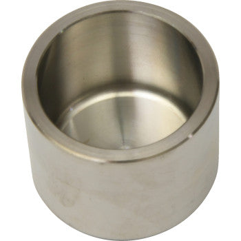 Silver cylindrical metal brake caliper piston with smooth inner surface and polished finish.
