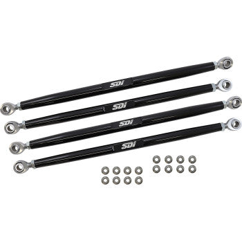 Four Polaris RZR Radius Rods by Sdi, featuring black metal construction with SDI logos and spherical rod ends, are arranged parallel on a white background with sixteen metal washers laid out below them.