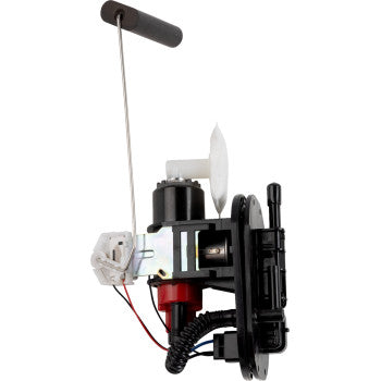 A close-up of the Can Am Fuel Pump Module by Moose Offroad, showing electrical components, wires, a black float arm, and a cylindrical level sensor on a round mounting plate.