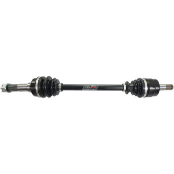 The Yamaha Axle Complete Heavy Duty Front Left & Right Rhino by Demon features black chromoly steel shafts, metal ends, accordion-style rubber boots, and the Demon Powersports logo in the center. Shown isolated on a white background.