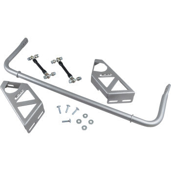 The Anti Sway Bar End Links Mount Kit Rear by Eibach, featuring brackets, end links, bolts, nuts, and washers arranged on a white background—ideal for upgrading your UTV’s sway bar system.