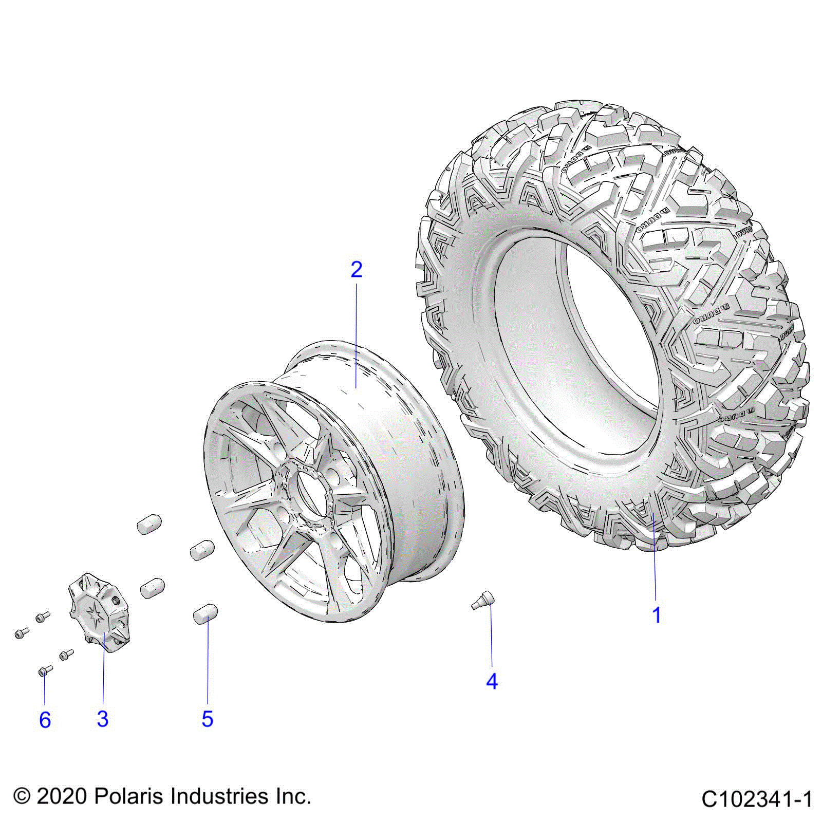 An Image of a Genuine Polaris Parts Schematic Diagram showing the schematic - WHEELS: FRONT - 2024 POLARIS SPORTSMAN XP 1000 55" 49S