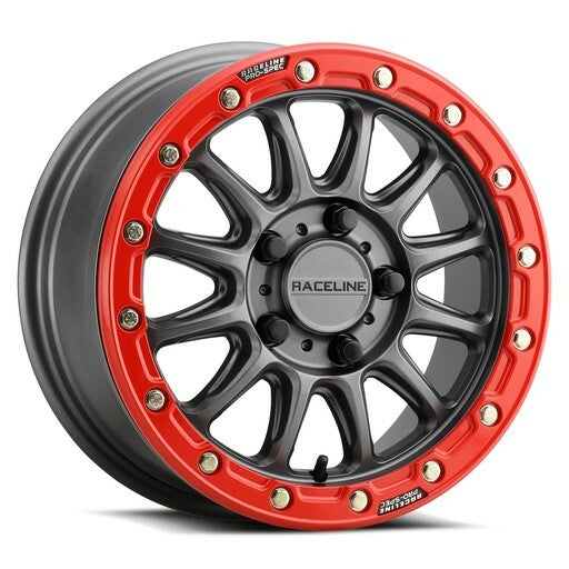 The Raceline ATV/UTV Alpha Beadlock 15x7 wheel in gunmetal with a bold red beadlock ring and gold bolts, featuring a 5x114.3 (5/4.5) bolt pattern and A14 Alpha beadlock design, adds striking style to your ride.