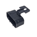 Black plastic DPS connector cap with rectangular body and integrated mounting tab with hole.