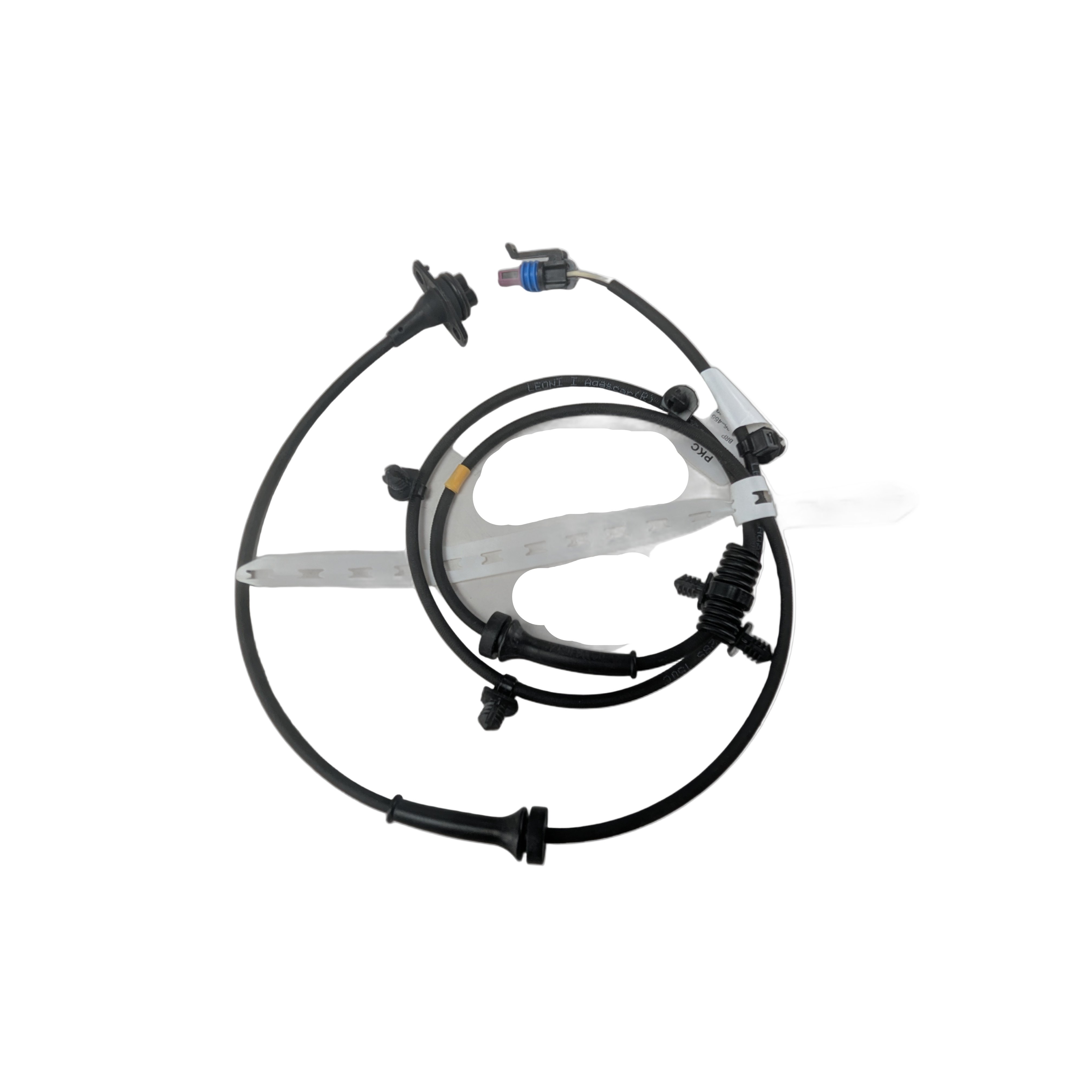 Black rear suspension wiring harness assembly with multiple connectors and molded plastic clips.