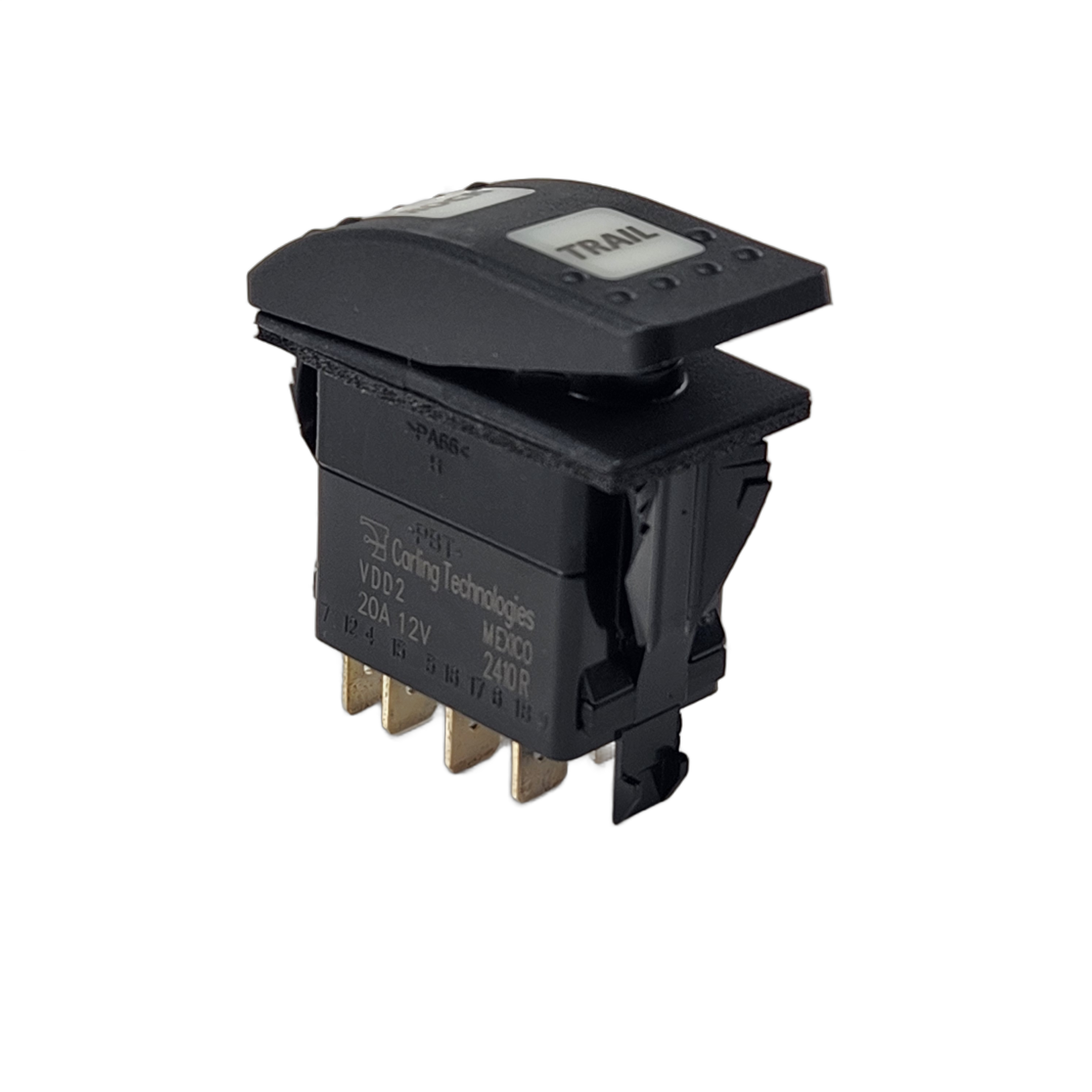 Black rectangular rocker switch with "TRAIL" label and four metal prongs at the base.