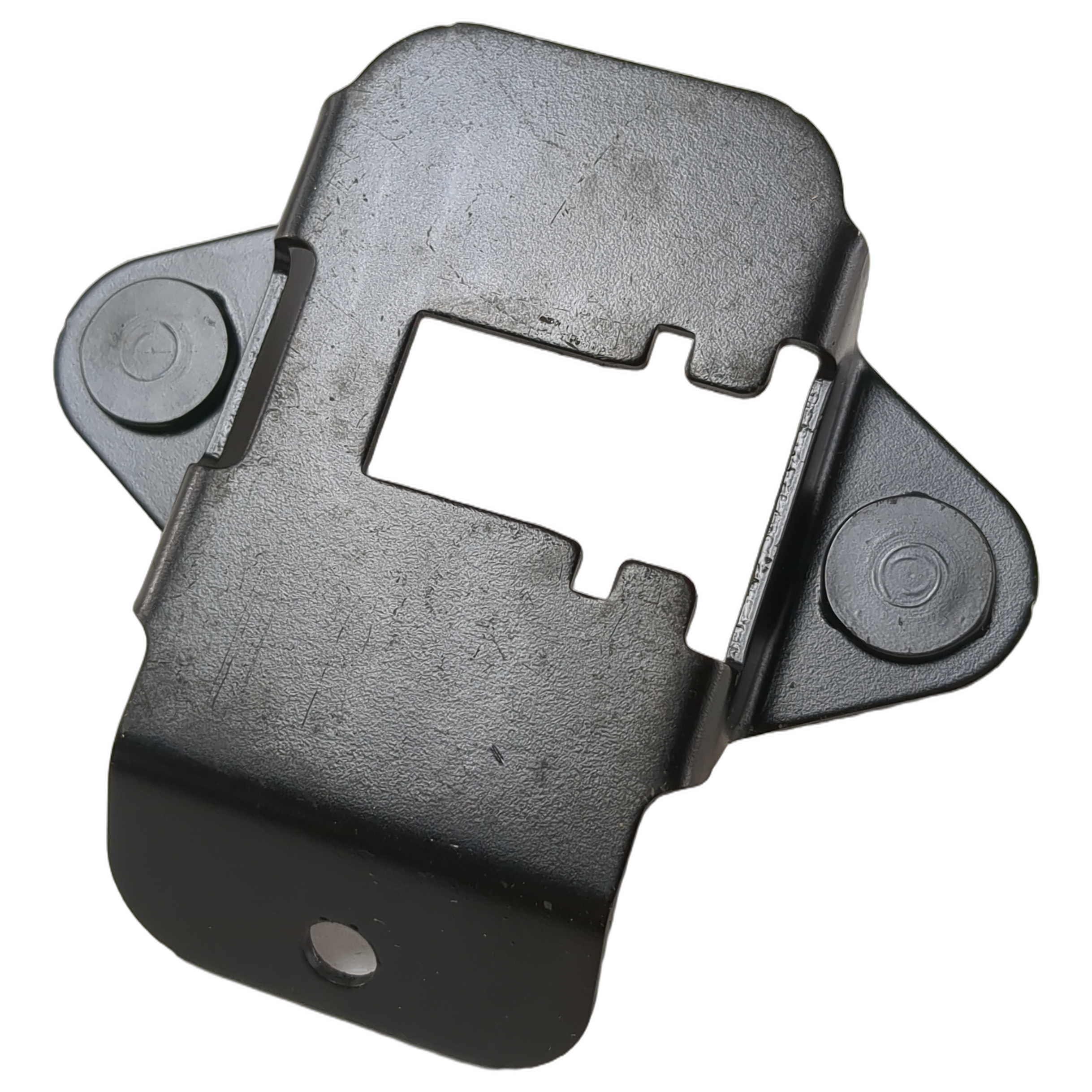 Black metal cable support bracket with mounting holes and a central cutout slot.
