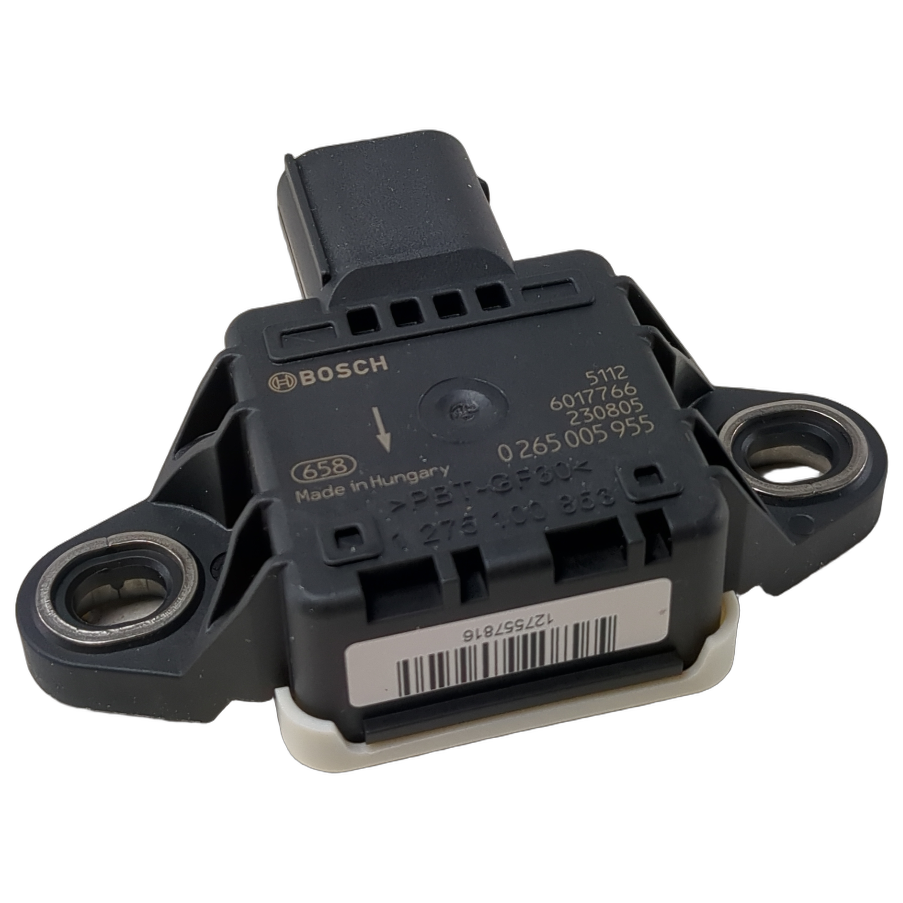 Black rectangular yaw rate sensor with mounting holes on each side and Bosch branding on top.