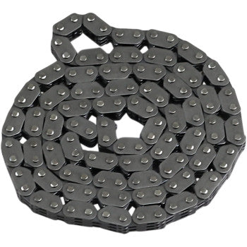 Black metal cam chain with 126 interlinked oval-shaped links arranged in a coil.