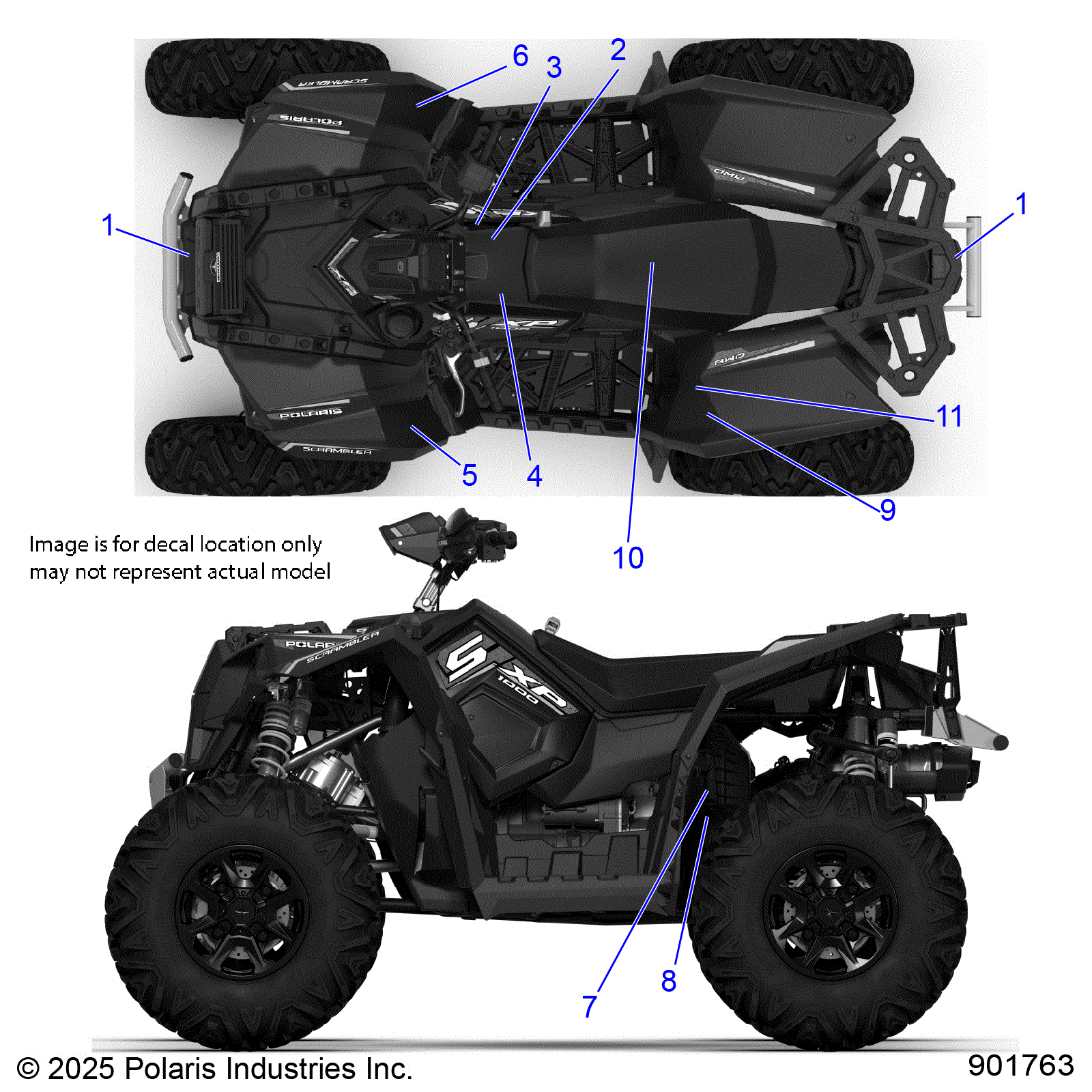 An Image of a Genuine Polaris Parts Schematic Diagram showing the schematic - BODY: DECALS STANDARD - 2026 POLARIS SCRAMBLER XP 1000 S 49S