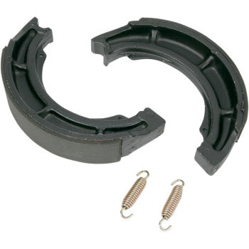Black curved Suzuki brake shoes with friction lining and two metal springs.