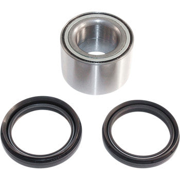 The Suzuki KingQuad Wheel Bearing Kit Rear by Epi, including a metal cylindrical wheel bearing and two black circular double lip seals, is displayed on a white background.
