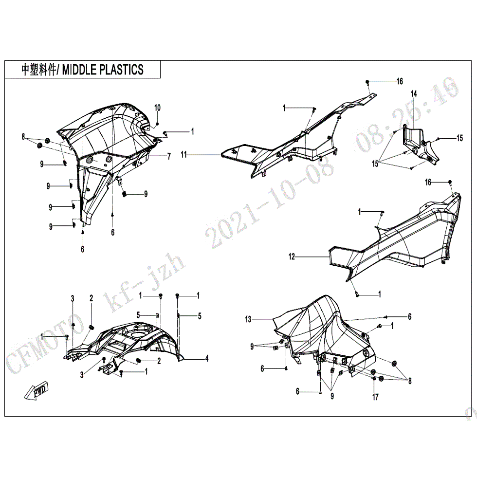 An Image of a genuine CFMOTO Parts Schematic Diagram showing the group - MIDDLE PLASTICS - 2022 CFMOTO CFORCE 600 Touring