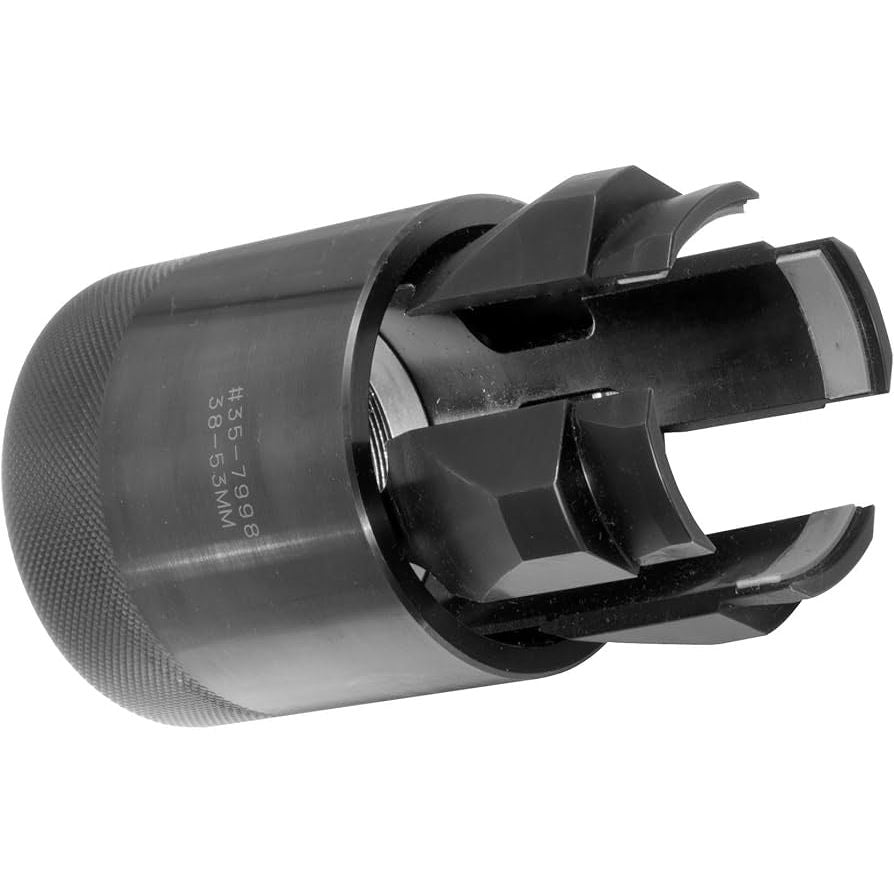 Black metal adjustable fork seal driver with slotted prongs and knurled grip, 38-52mm size.