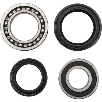 The Yamaha Wolverine Wheel Bearing Kit Rear by Pivot Works features four key parts—a ball bearing and three different seals—arranged in a grid, ensuring smooth steering and precise wheel control.