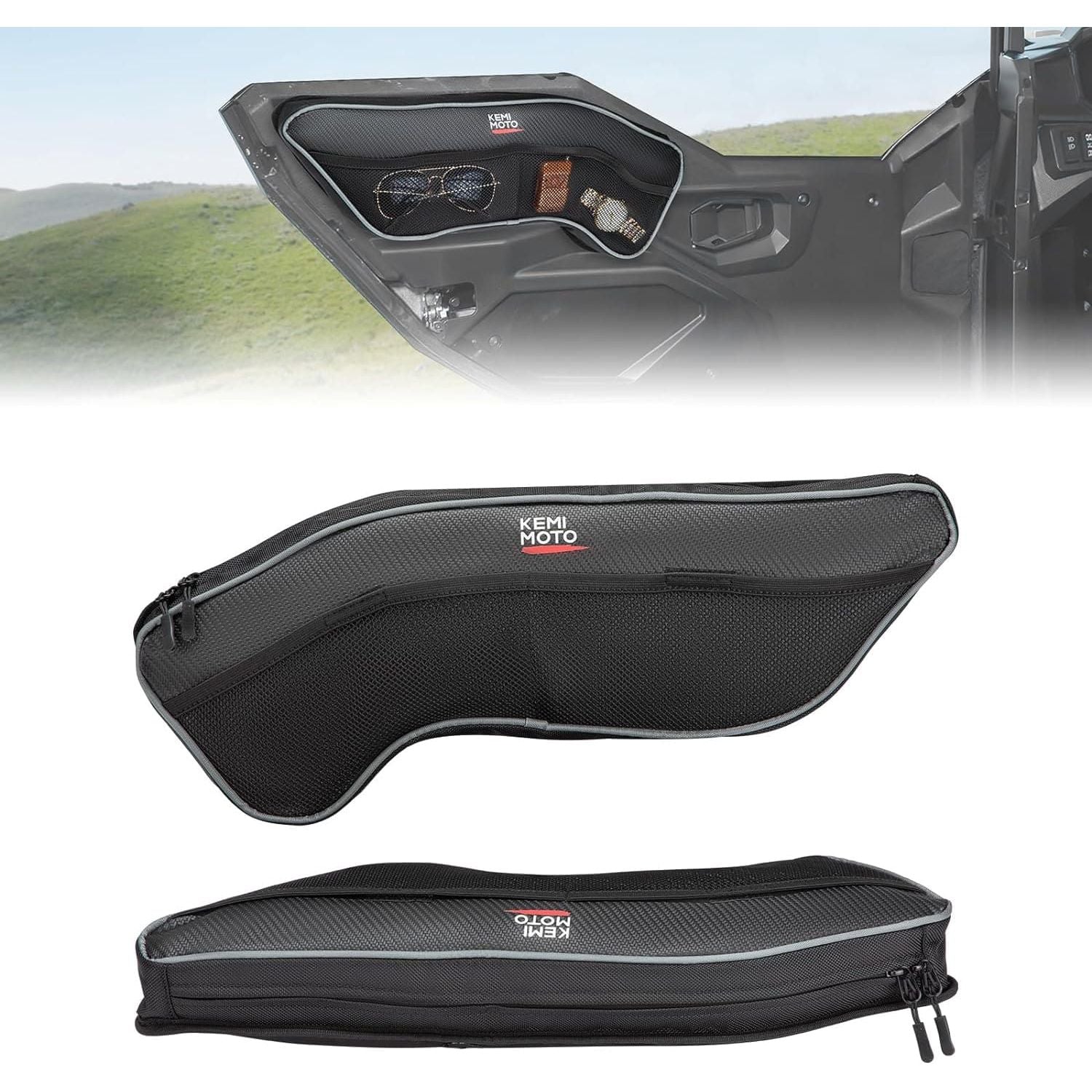The Polaris General 1000/4 1000 2PCS Front Upper Door Bags by Kemimoto are shown in black, attached to a vehicle door and separately, featuring zippered compartments, a mesh pocket, and water-resistant 1680D Oxford material for storage.