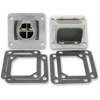 Silver metal Yamaha rad valve reed cage assembly with black reed valves and matching black gaskets.
