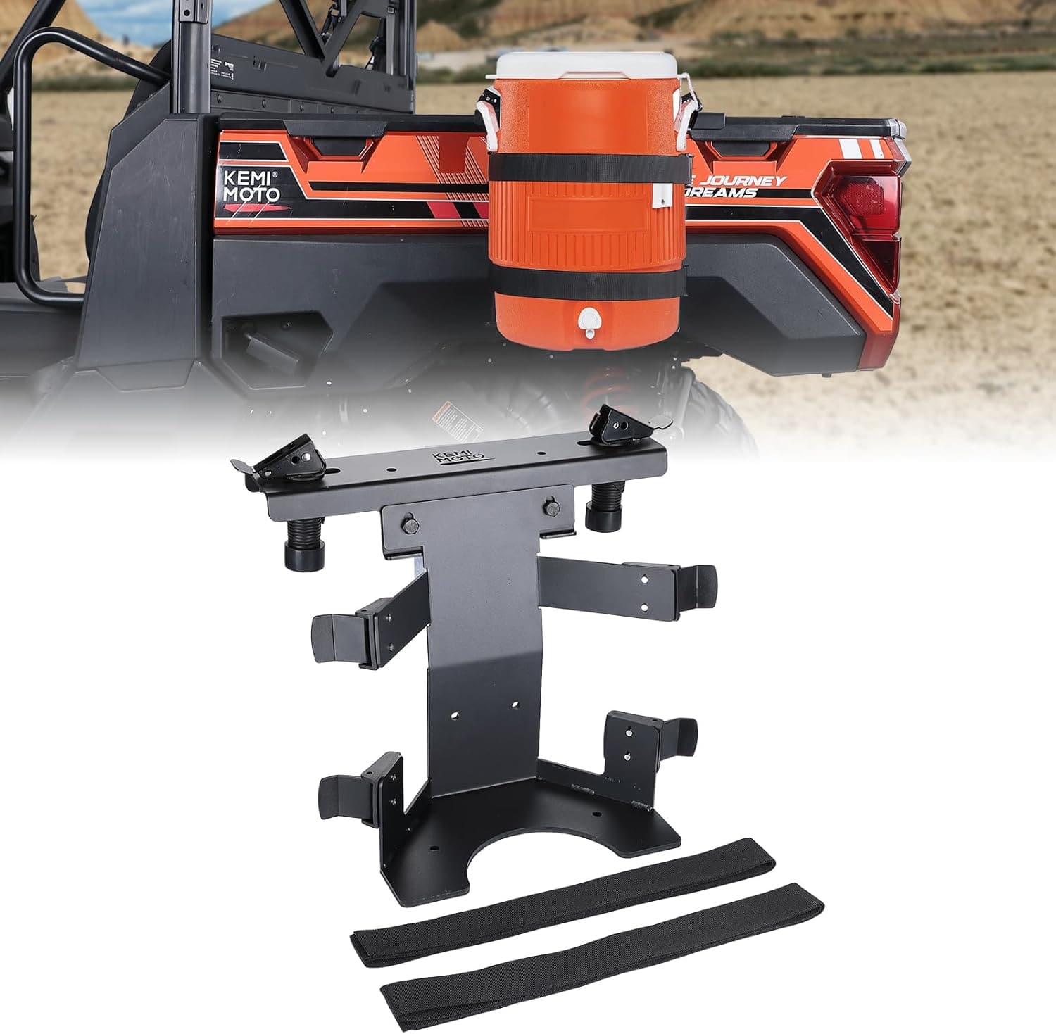 The Polaris Ranger / General UTV Steel Water Cooler Rack by Kemimoto, featuring adjustable straps, is shown securing an orange 5-gallon cooler on the rear of an off-road vehicle against a blurred outdoor backdrop.