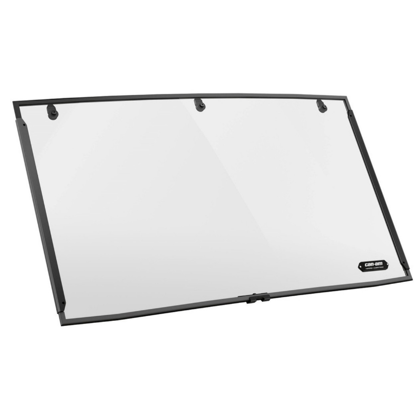 Clear hardcoated polycarbonate full windshield with black frame and mounting hardware for Can-Am Defender models.