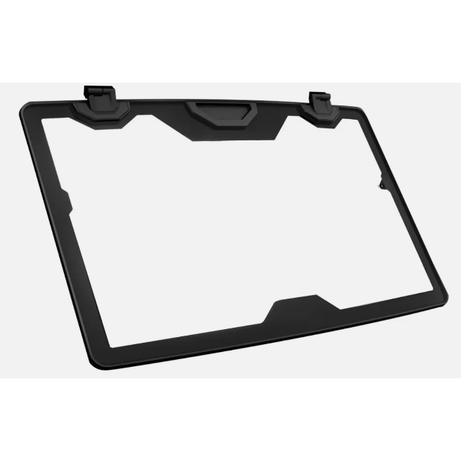 Clear glass windshield with black mounting frame and clamps designed for Can-Am Defender models.