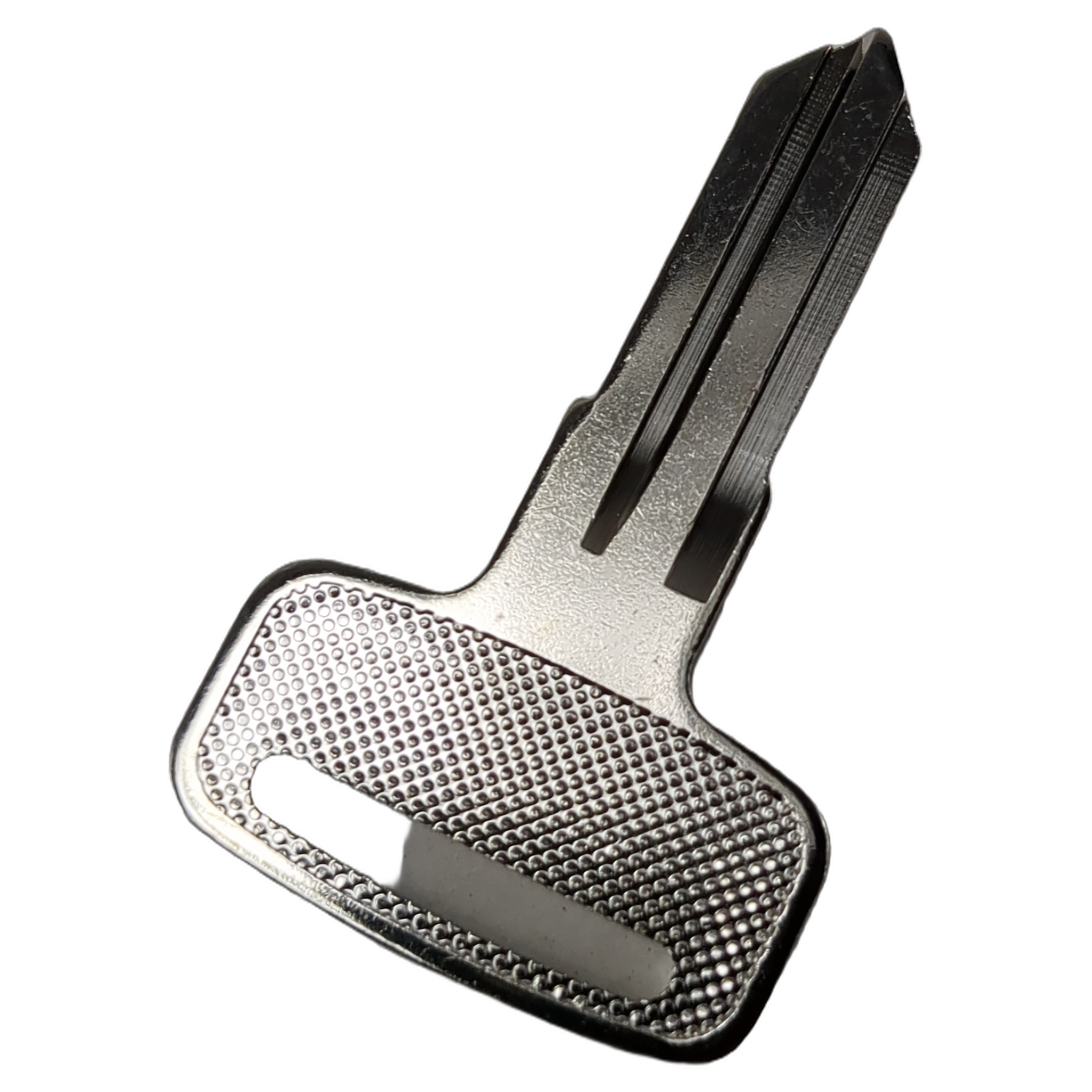 Black textured metal key blade with rectangular hole near the base for attaching to a keyring.