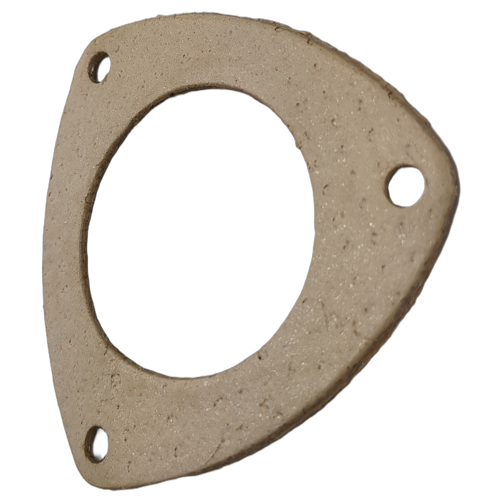 Triangular beige exhaust gasket with a large central hole and three evenly spaced mounting holes.