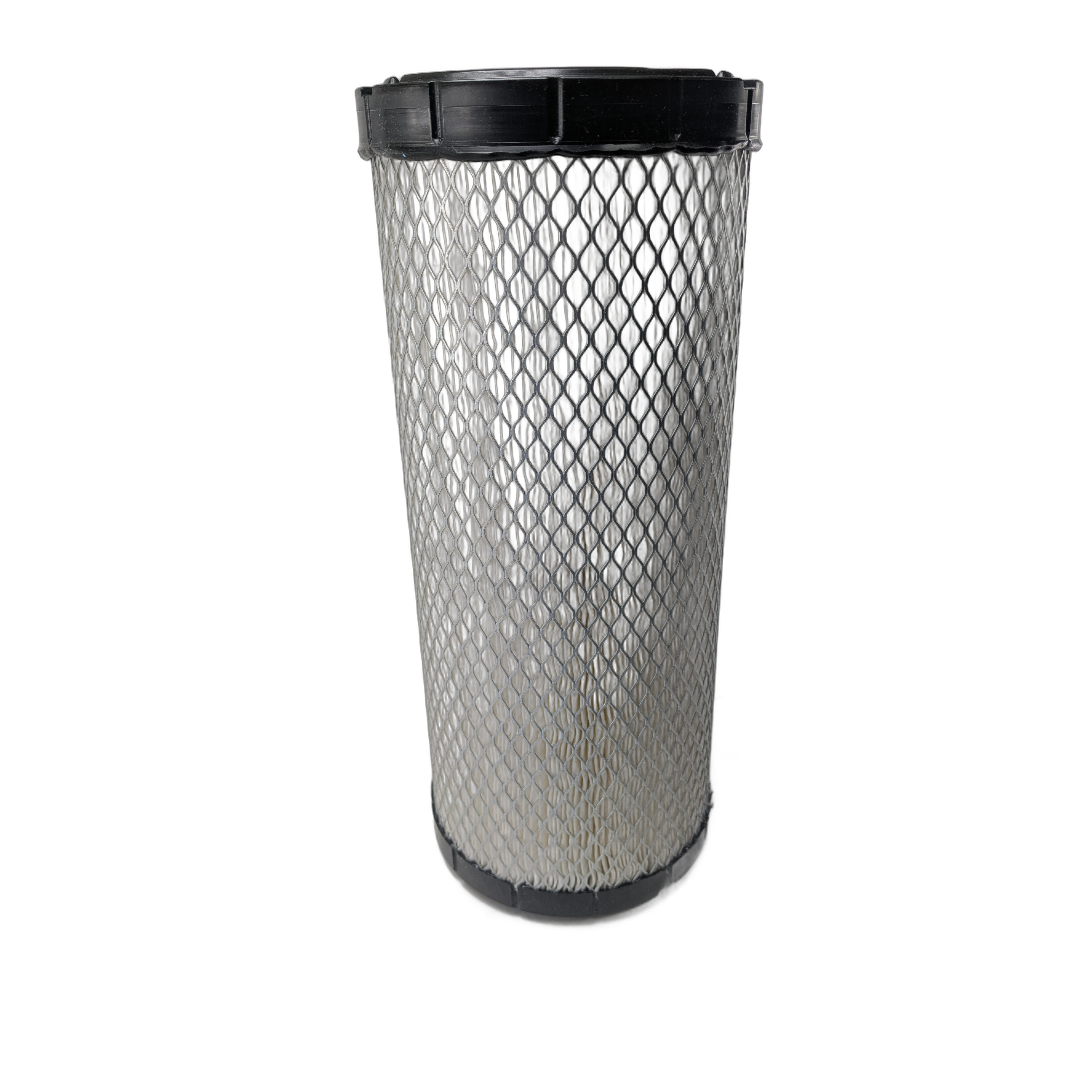 Cylindrical air filter with black plastic caps and diamond-pattern metal mesh exterior.
