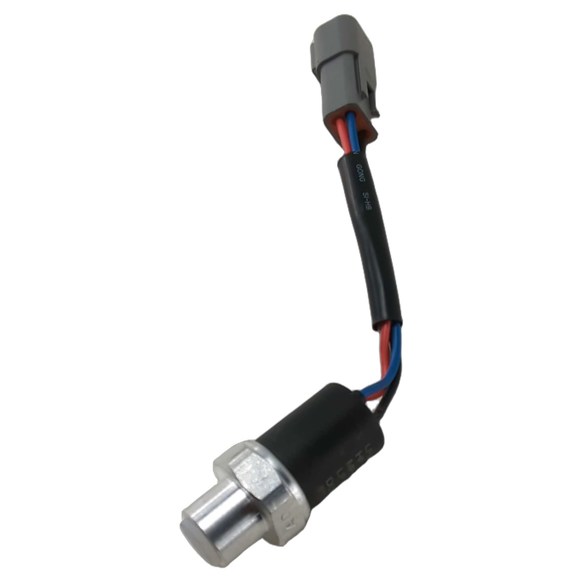 Metal pressure switch with a silver threaded sensor, black sleeve, and short multicolor wire harness ending in a gray.