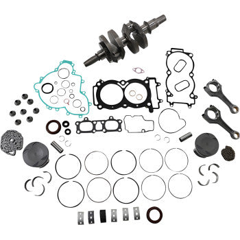 Complete engine rebuild kit with crankshaft, gaskets, piston rings, pistons, connecting rods, and various metal and rubber.
