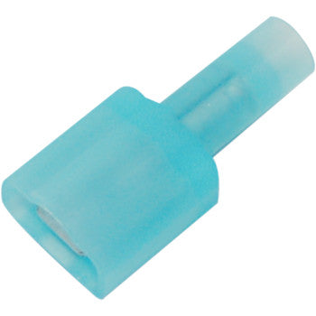 A close-up of a blue insulated PVC Quick Disconnect by Namz, designed for 14-16 gauge wire male connectors and secure wiring connections.