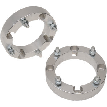 Set of two silver metal wheel spacers with 10 mm studs, circular with bolt holes and a smooth finish.